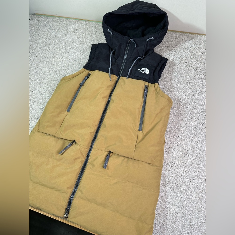 The North Face Women's Small 550 Goose Down Pallie Khaki Black Hooded Vest - Picture 3 of 11